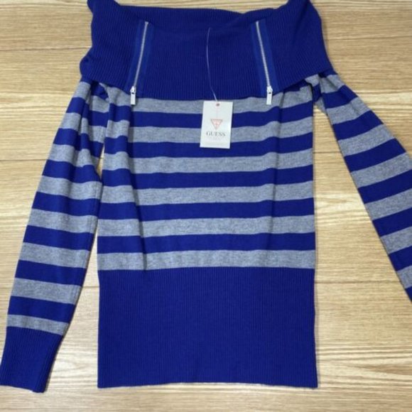 Guess Women's Knitted Sweater Warm Off Shoulder Striped Pullover Size S NWT - Picture 1 of 9